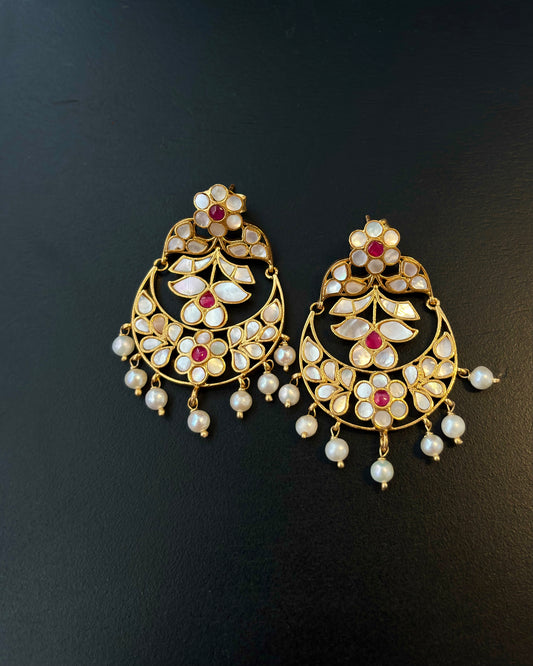Vyoma Mother Of Pearls Silver ChandBali Earrings