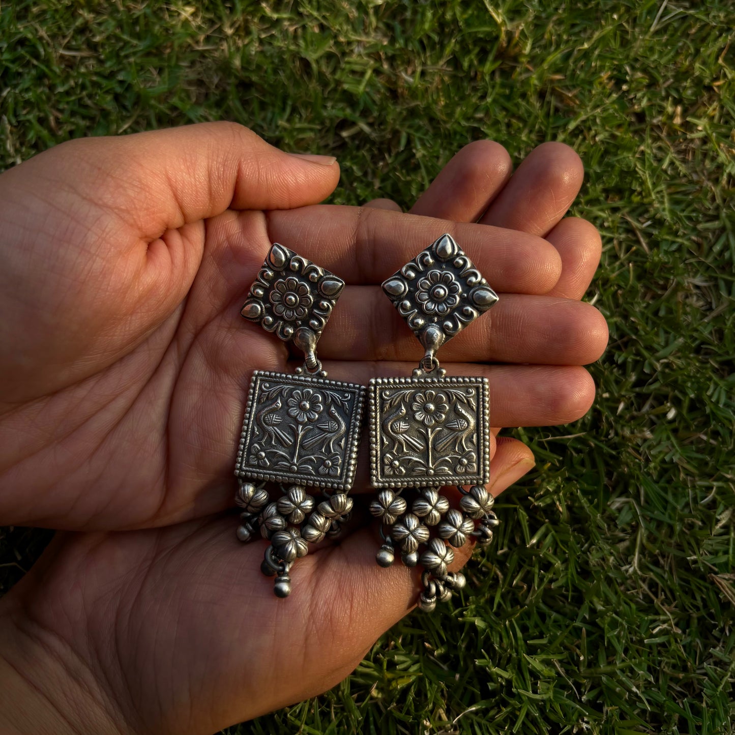 Taruja Bloom Jali Silver Danglers