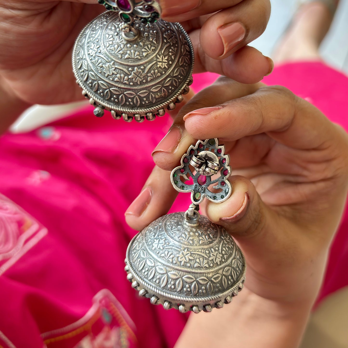 Malini Silver Antique Jhumkas