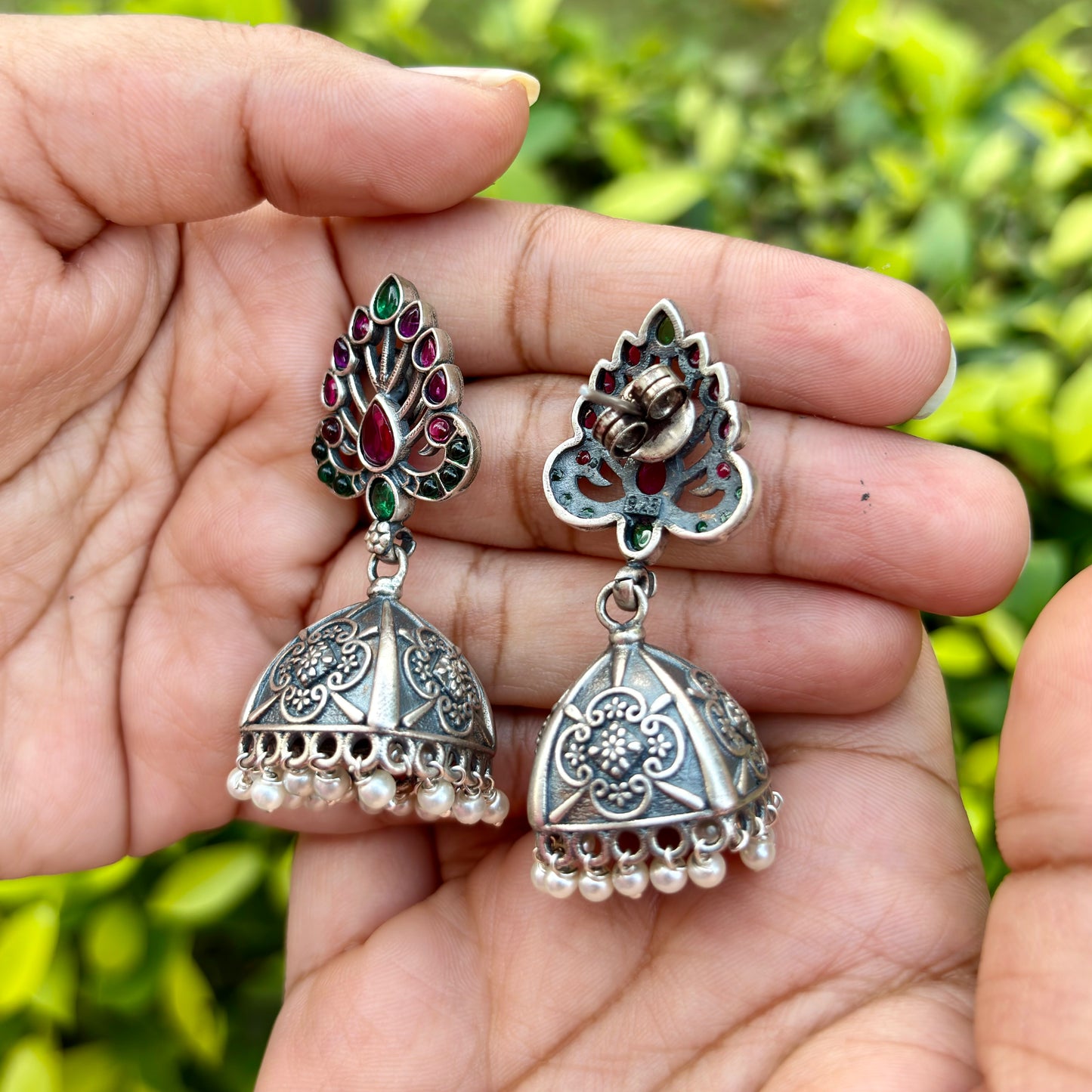 Mrinalini Silver Antique Jhumkas
