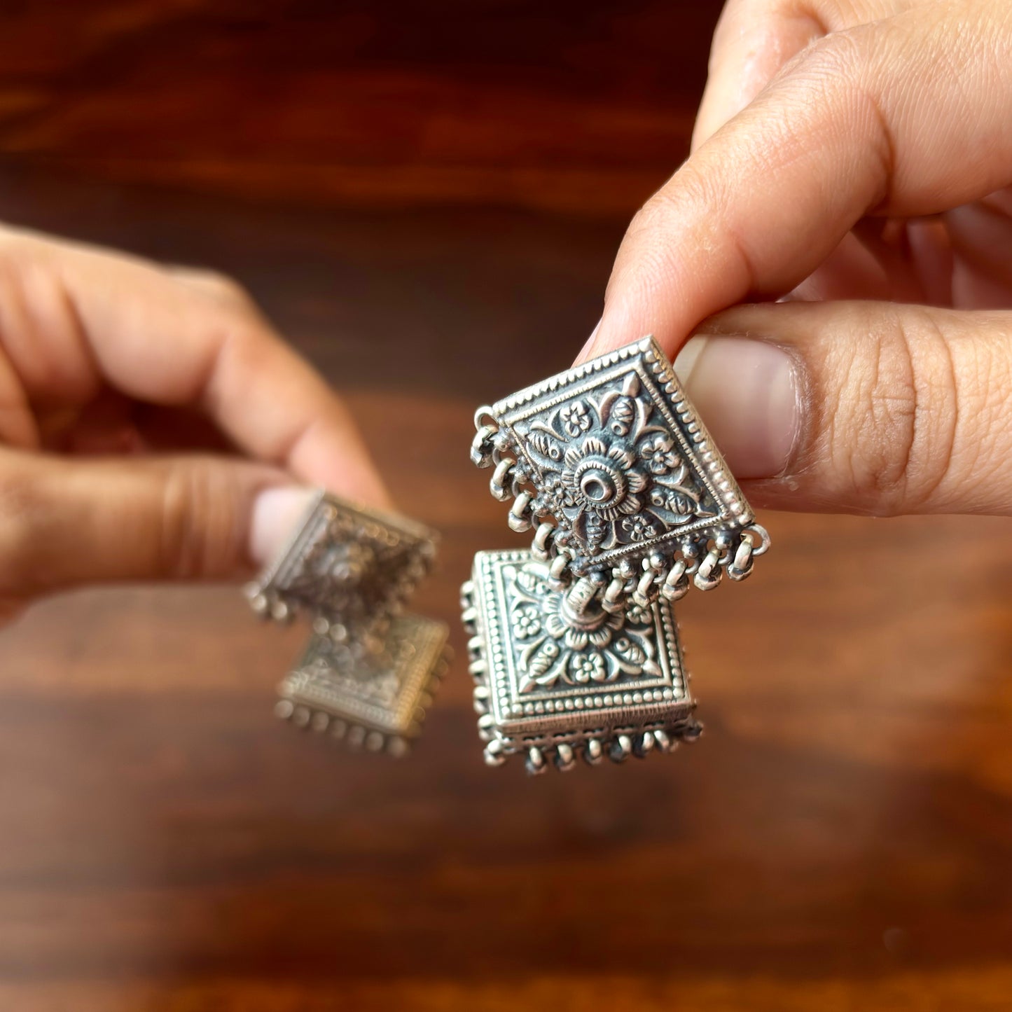 Pushpkundal Dome Ghungroo Silver Jhumkas