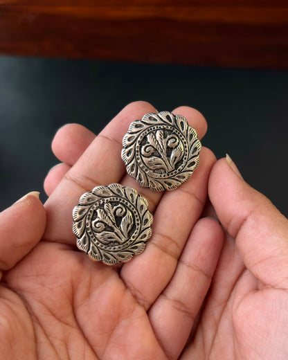 Pair of silver floral earrings on a black background, 92.5 Silver Earrings, Silver chitai earrings