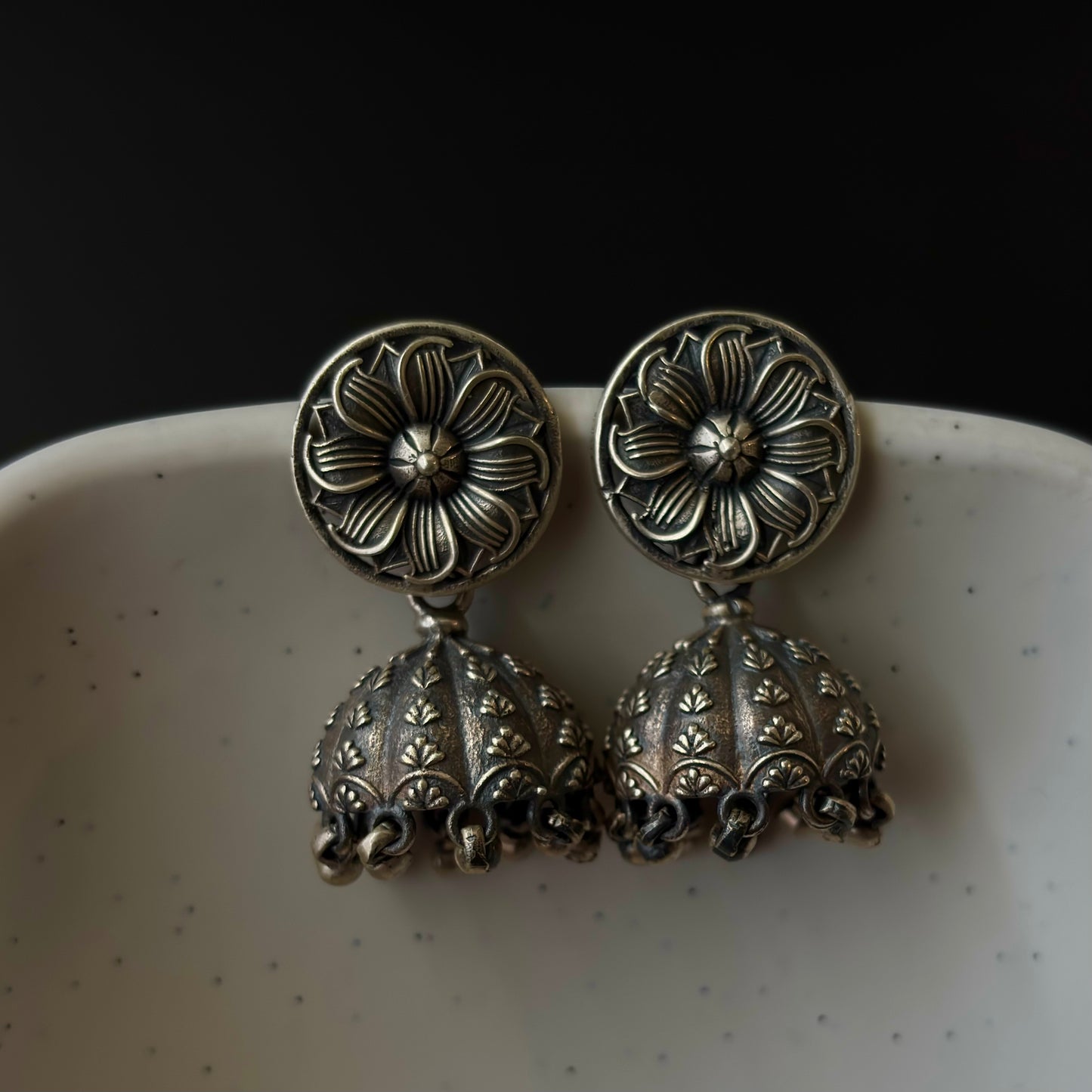 Kumudini Blossom Gumbad Silver Jhumkas