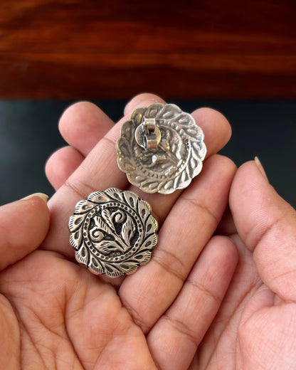 Pair of silver floral earrings on a black background, 92.5 Silver Earrings, Silver chitai earrings