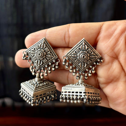 Pushpkundal Dome Ghungroo Silver Jhumkas