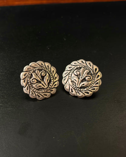 Pair of silver floral earrings on a black background, 92.5 Silver Earrings, Silver chitai earrings