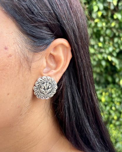 Pair of silver floral earrings on a black background, 92.5 Silver Earrings, Silver chitai earrings