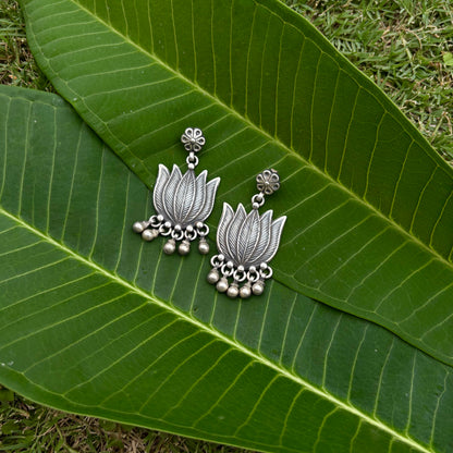 Shravani Tribal Lotus Silver Danglers