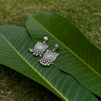 Shravani Tribal Lotus Silver Danglers