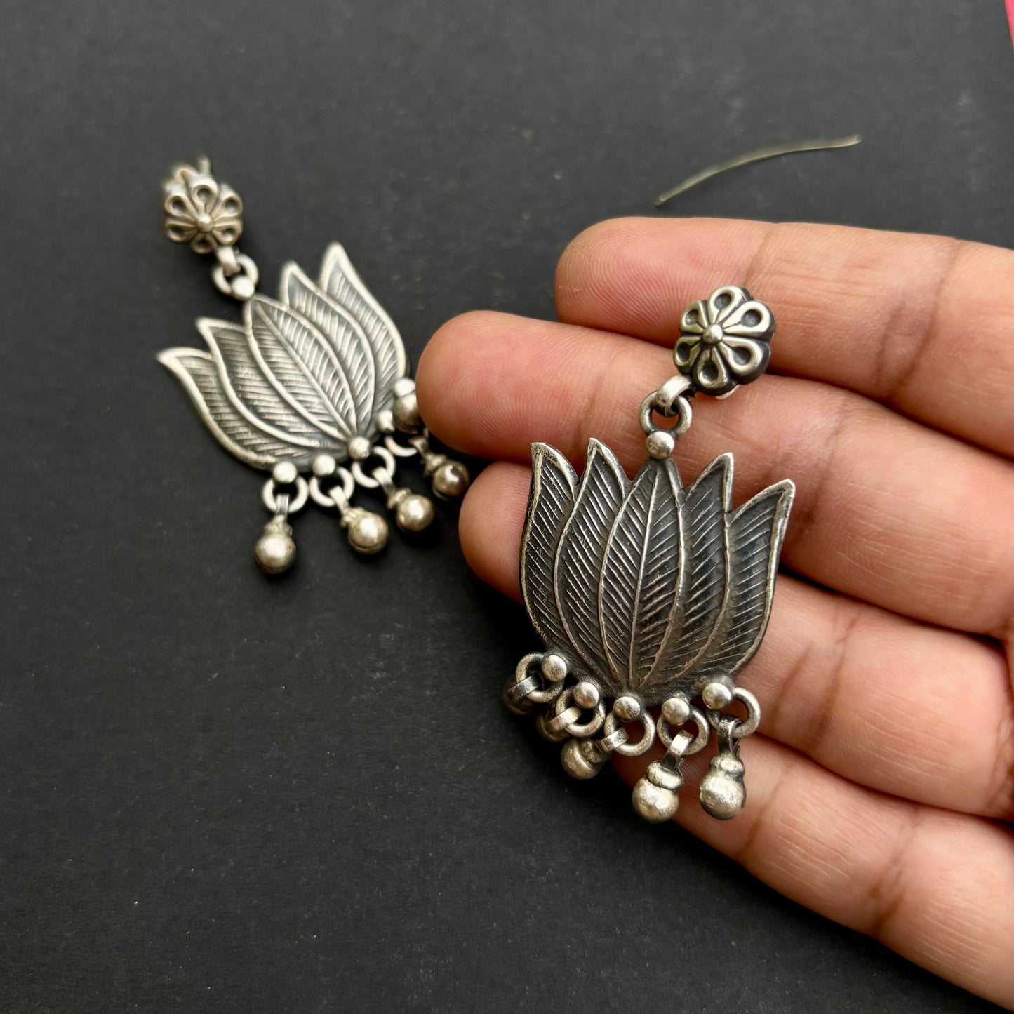 Shravani Tribal Lotus Silver Danglers
