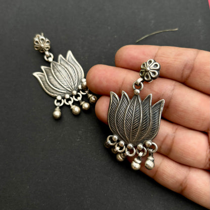 Shravani Tribal Lotus Silver Danglers