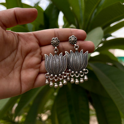 Shravani Tribal Lotus Silver Danglers