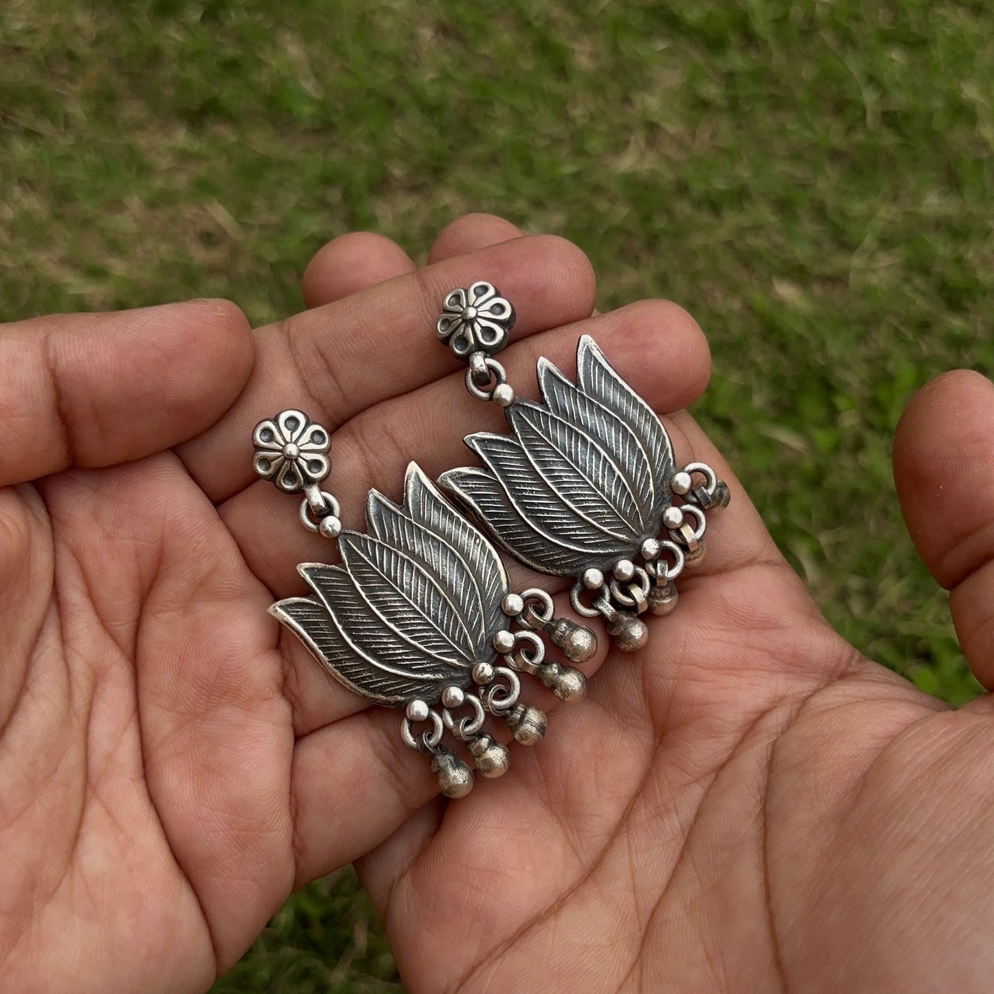 Shravani Tribal Lotus Silver Danglers