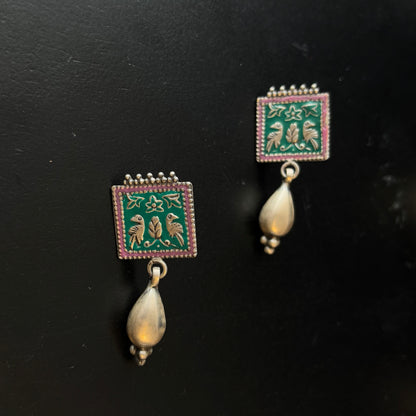 Varnika Pakshi Enamel Silver Drop Studs