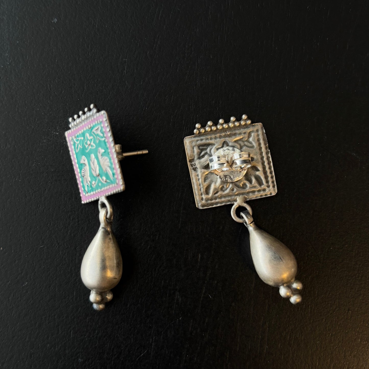 Varnika Pakshi Enamel Silver Drop Studs