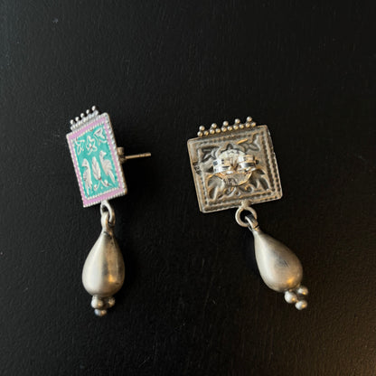 Varnika Pakshi Enamel Silver Drop Studs