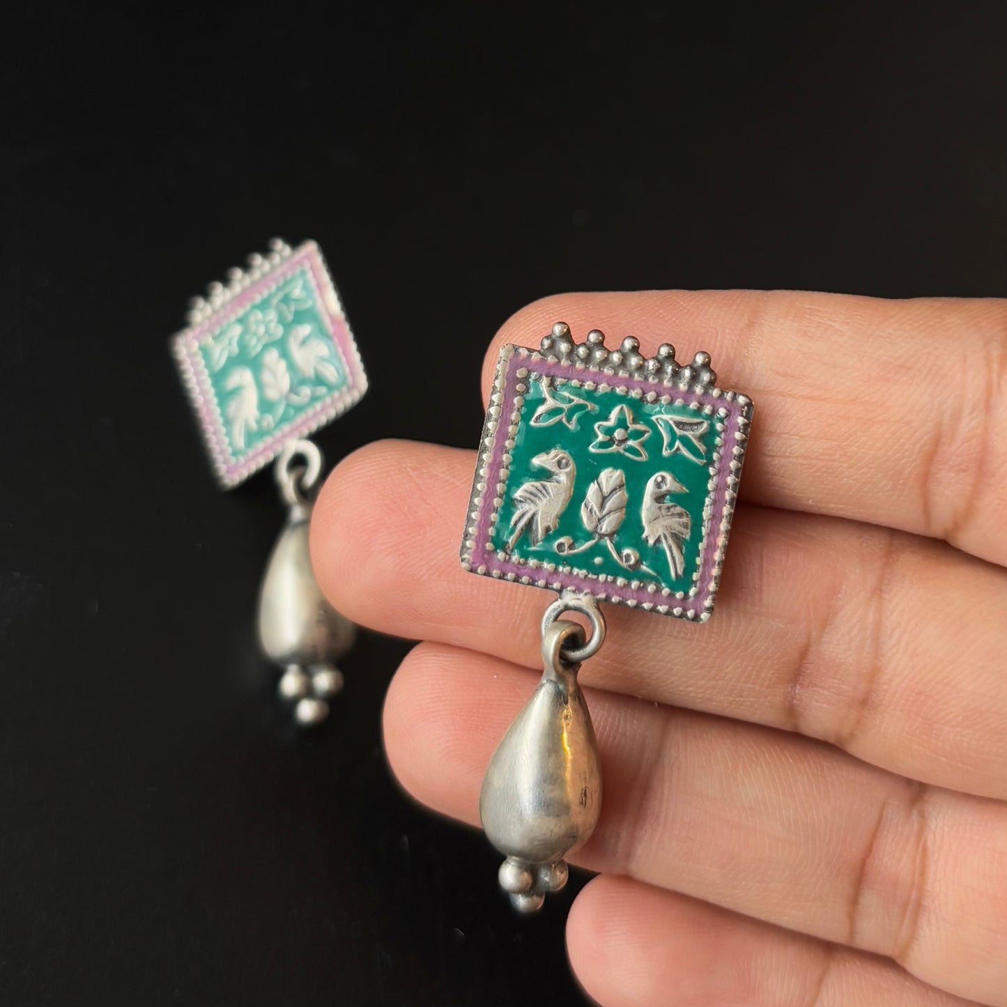 Varnika Pakshi Enamel Silver Drop Studs