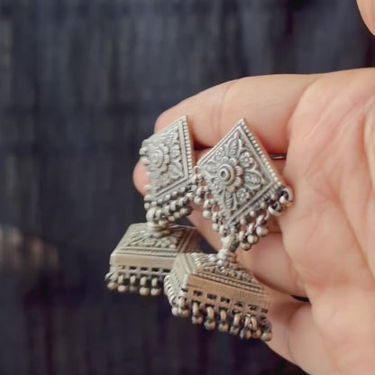Pushpkundal Dome Ghungroo Silver Jhumkas
